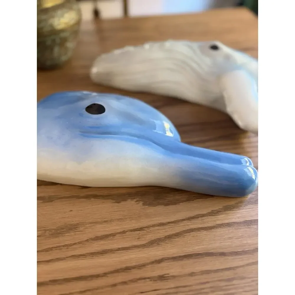 Vintage 1980s Hand Painted Ceramic Humpback Whale Dolphin Wall Hanging Heads